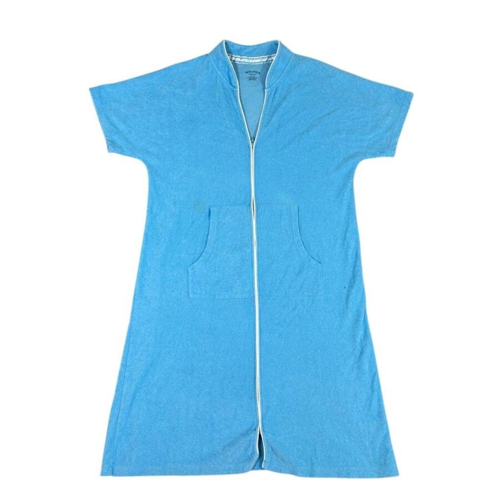 Nautica Sleepwear Womens XL Blue Terry Cloth Zip Front Short Sleeve Robe 12193